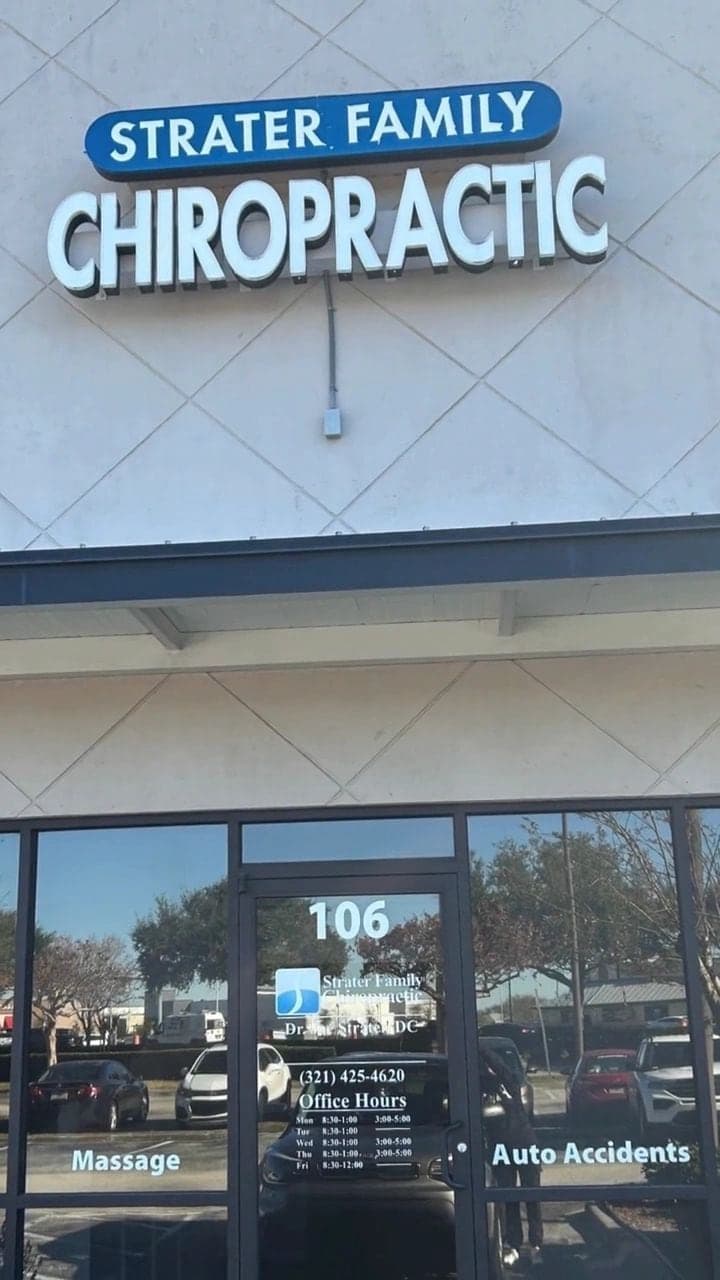 The Rockledge storefront, with the Strater Family Chiropractic sign above the suite 106 entrance.